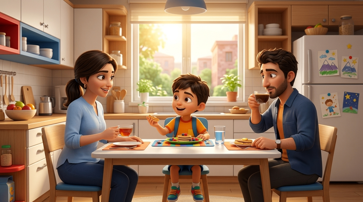 Animated family breakfast scene in a sunlit kitchen