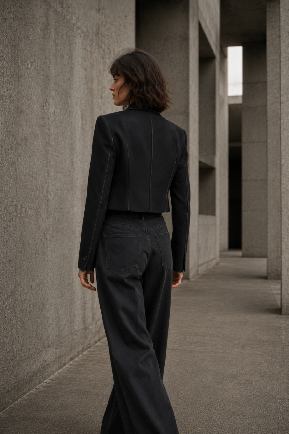 AI fashion frame: back view in cropped blazer and wide trousers