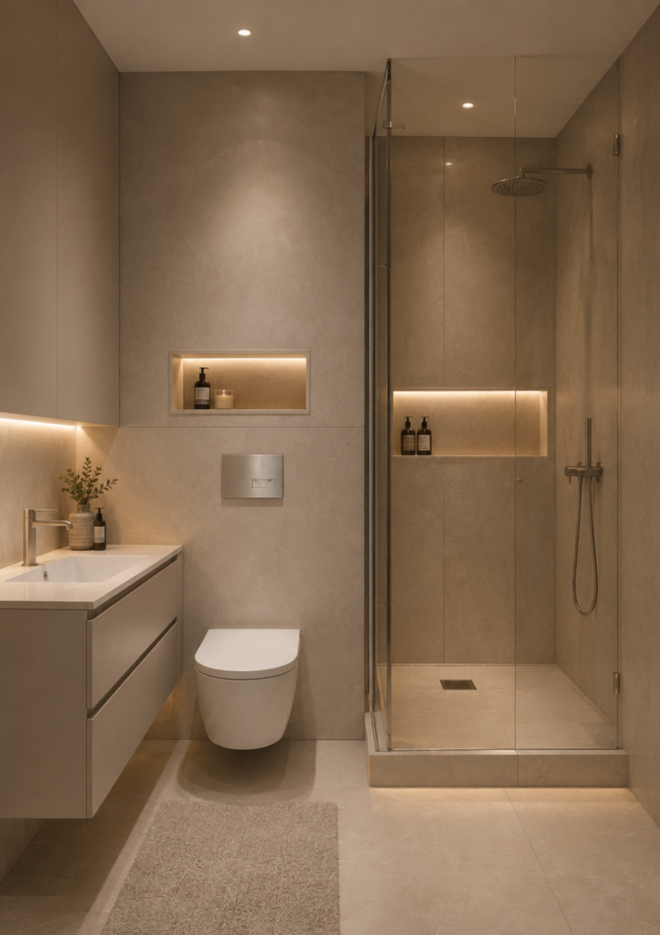 Interior: warm minimal bathroom with limestone walls and walk-in shower