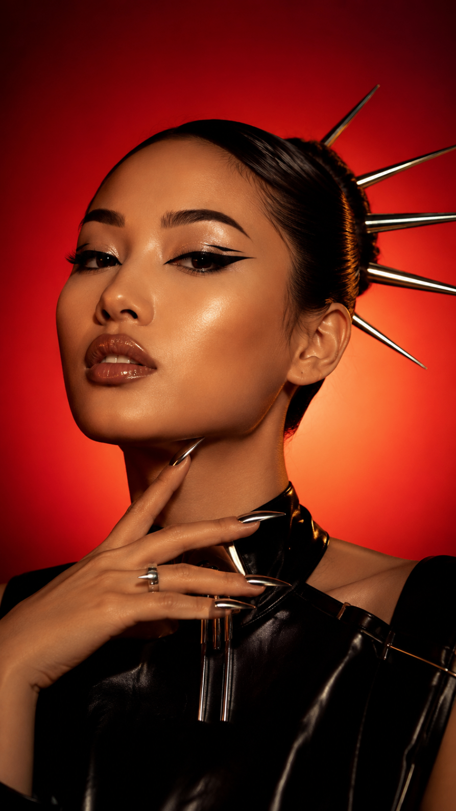 AI beauty portrait: spiked halo headpiece on red gradient backdrop