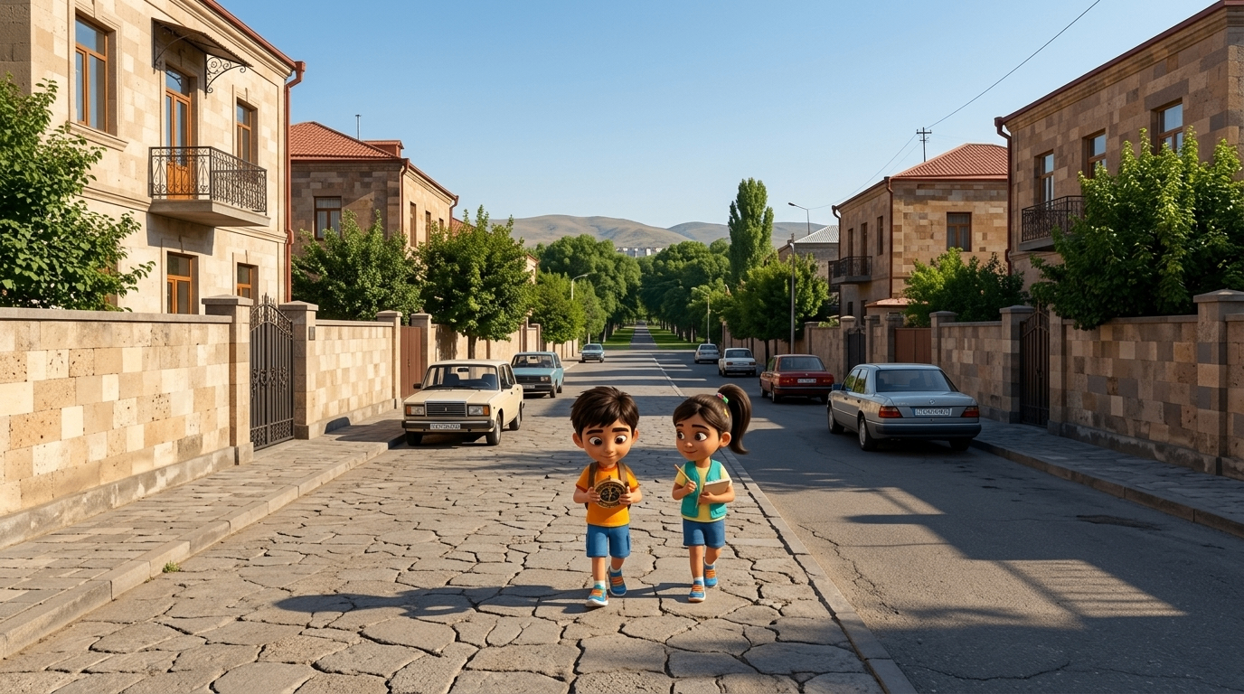 Animated characters walking down a quiet Armenian street