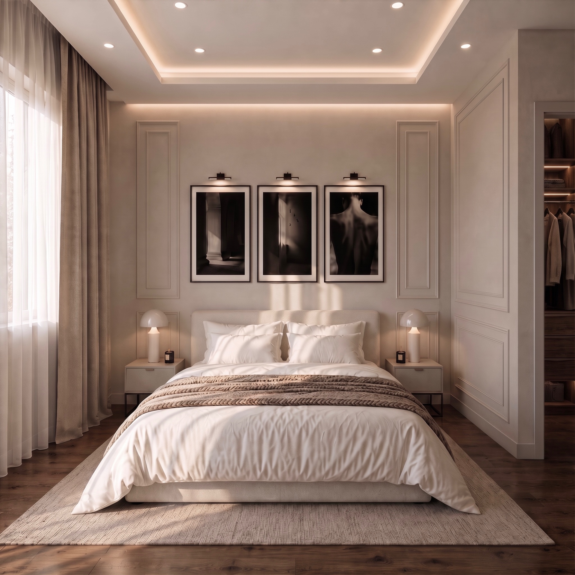 Interior: master bedroom with framed triptych and cove lighting