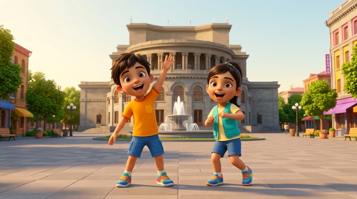 Animated kids characters waving in front of an Armenian opera house