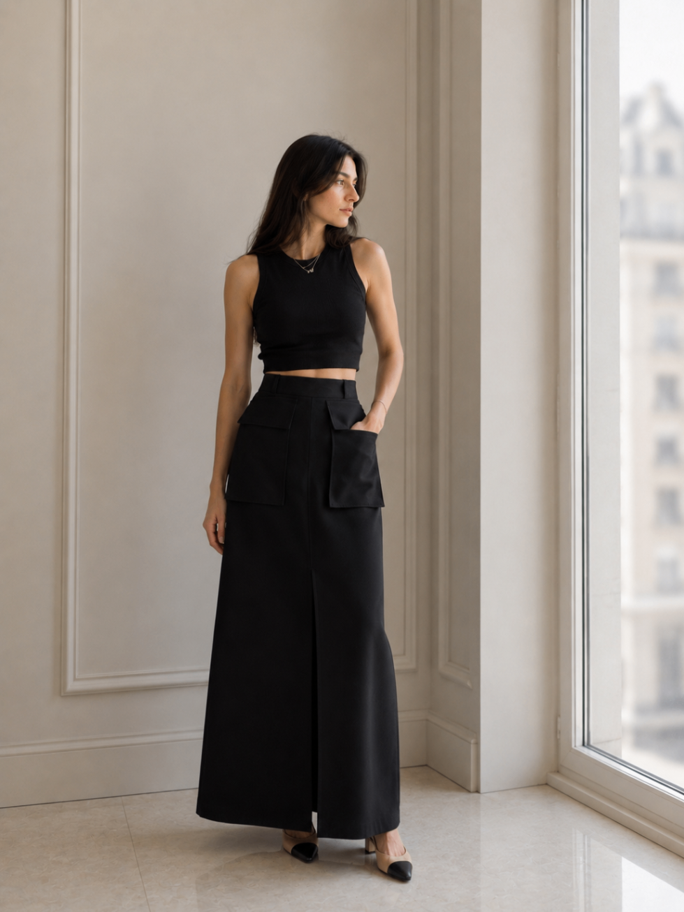 AI fashion frame: full length black column skirt in a light interior