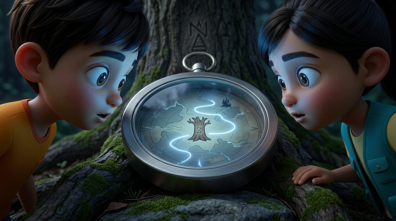 Close-up of the glowing magic compass with map lines