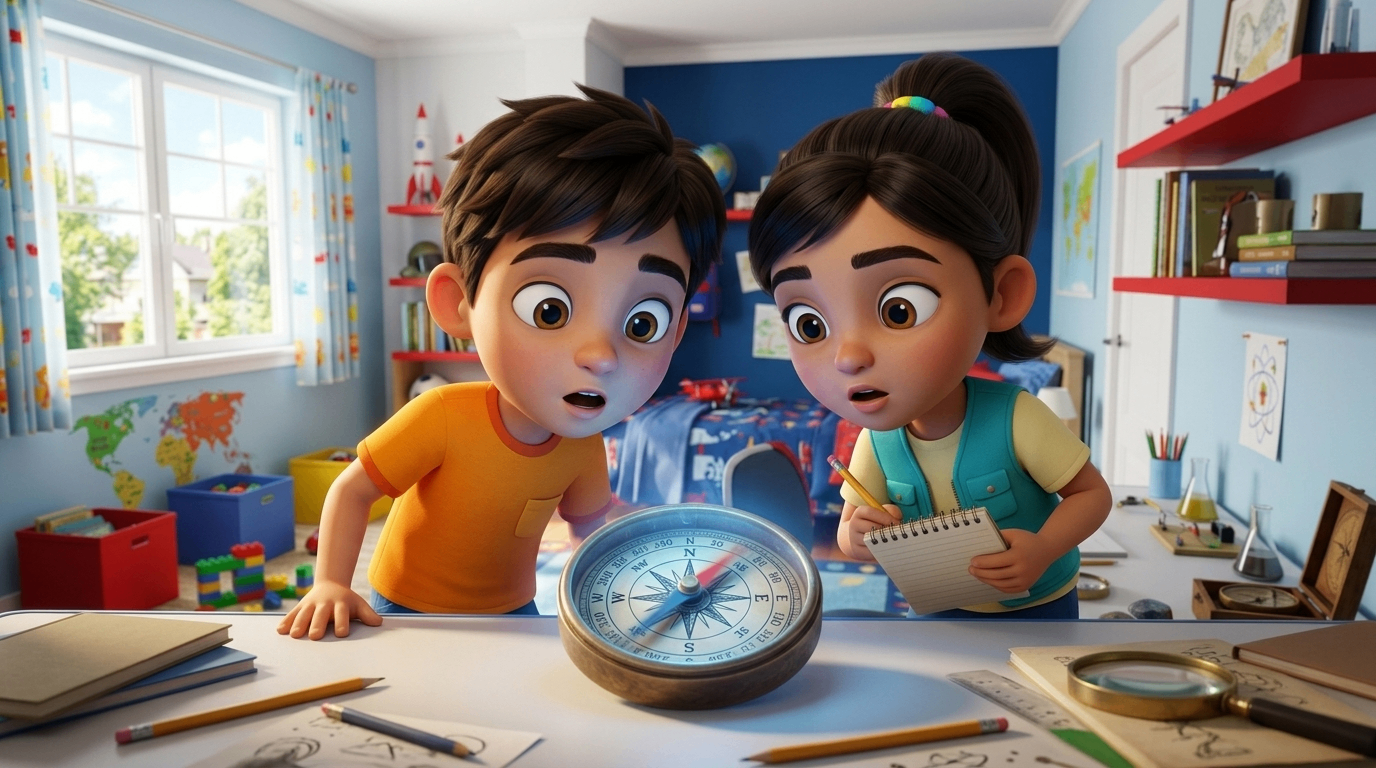 Animated children discovering a glowing compass on a desk