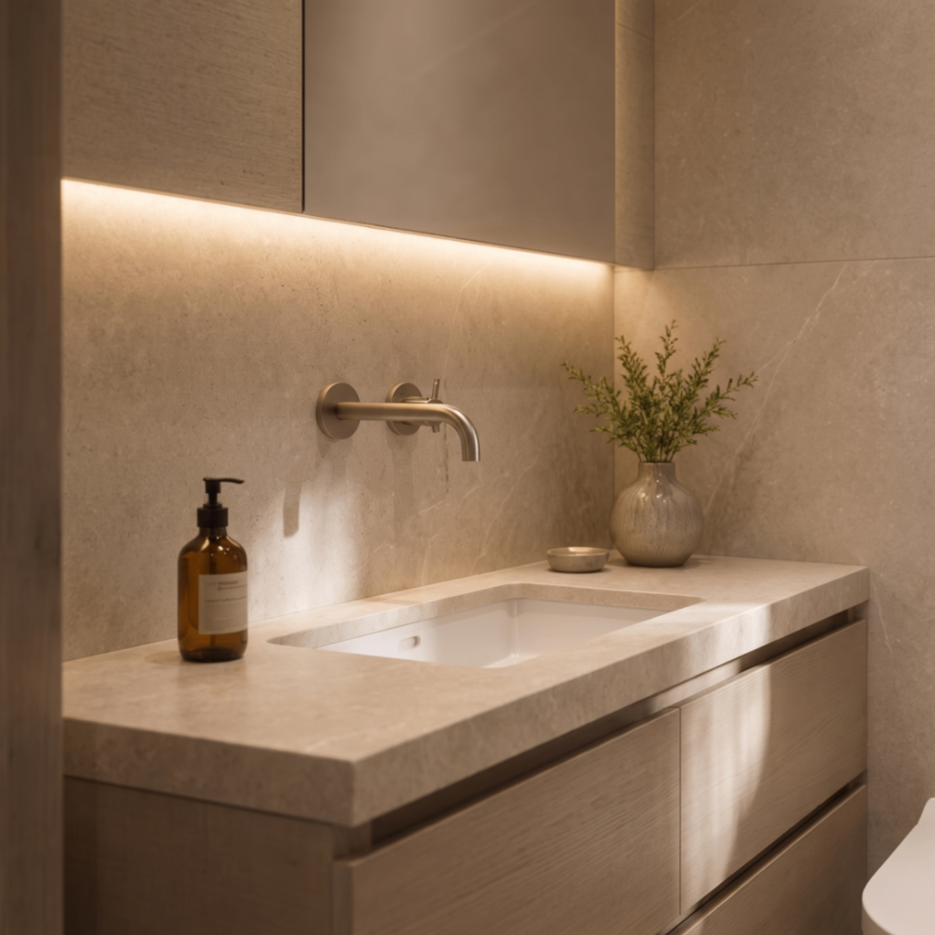Interior: stone vanity with wall-mounted brushed nickel tap