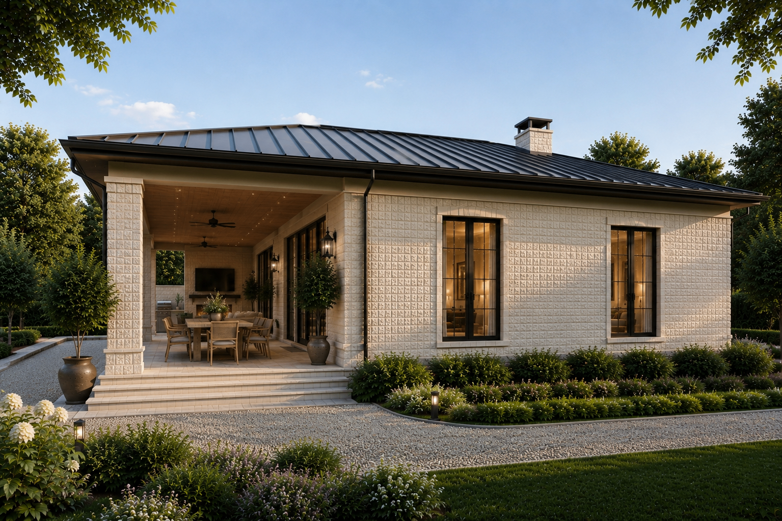 Residential exterior: side terrace facade in evening light