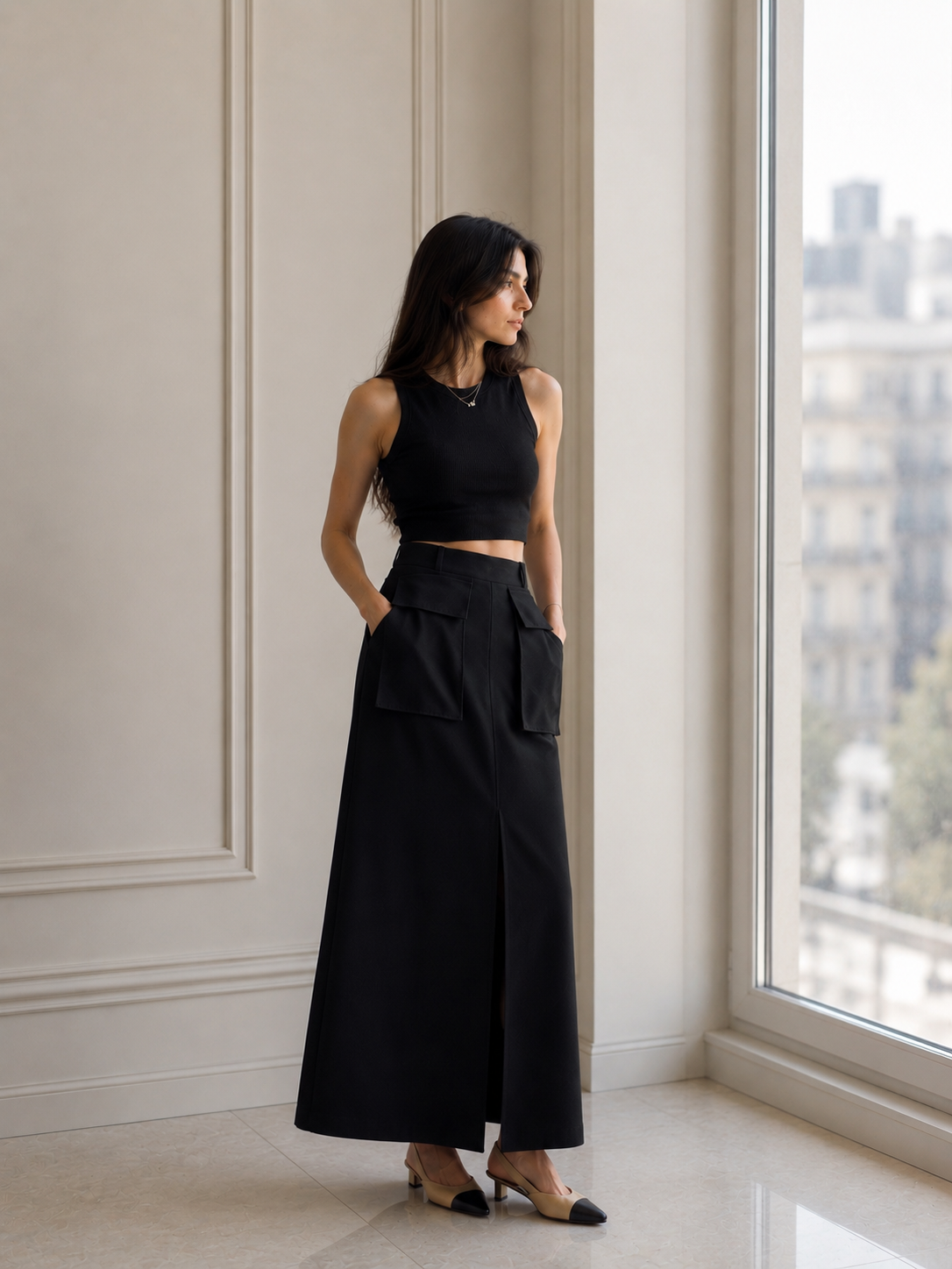 AI fashion frame: black tank and tailored maxi skirt beside a Parisian window