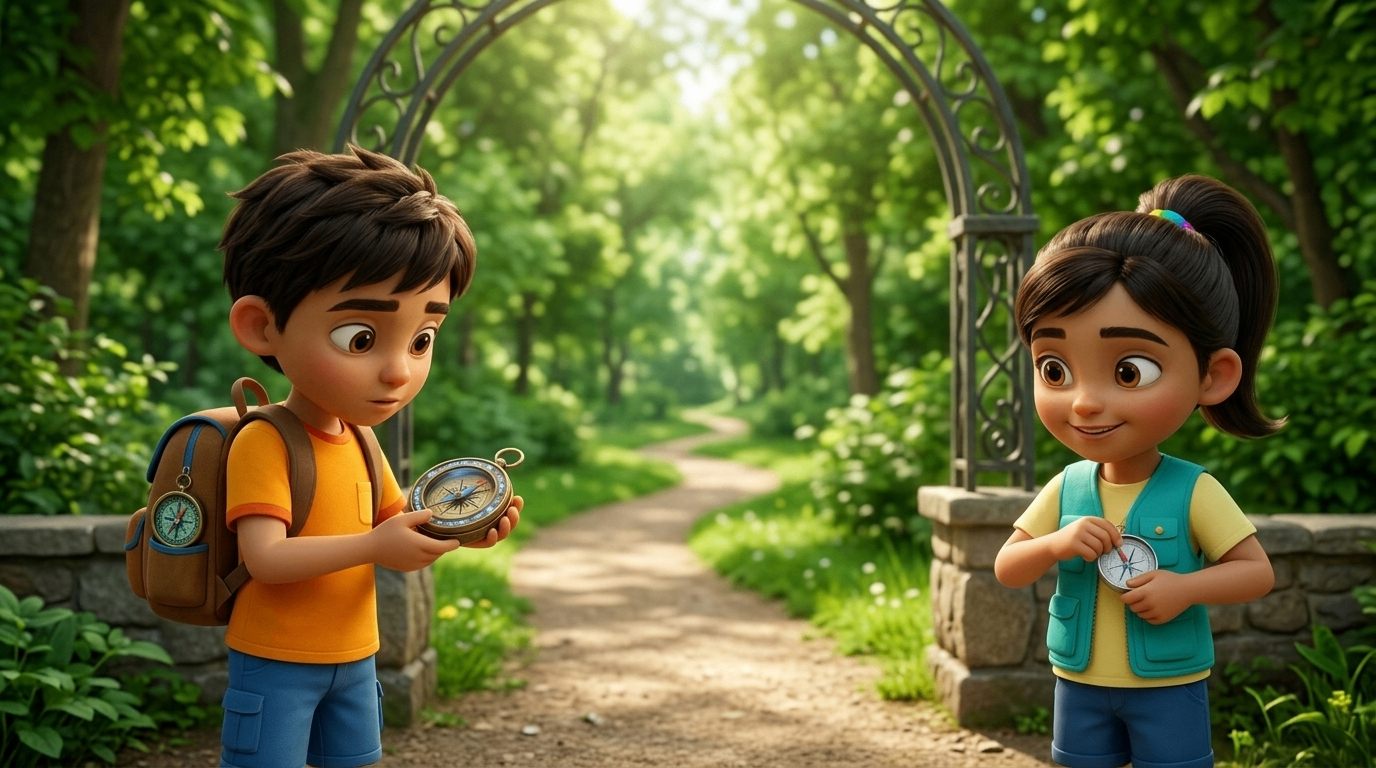 Animated boy and girl with compasses at a garden archway
