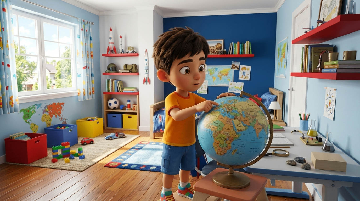Animated boy studying a globe in his bedroom