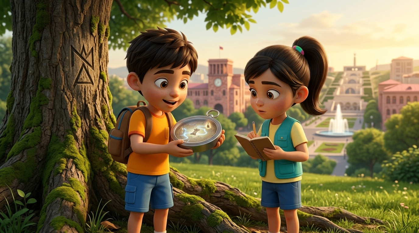 Animated characters with compass overlooking the Cascade in Yerevan